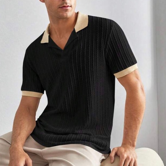 Men’s Black / tan cable knit short sleeve polo tee shirt - Picture 5 of 5